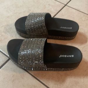 Black rhinestone and studs platform slides